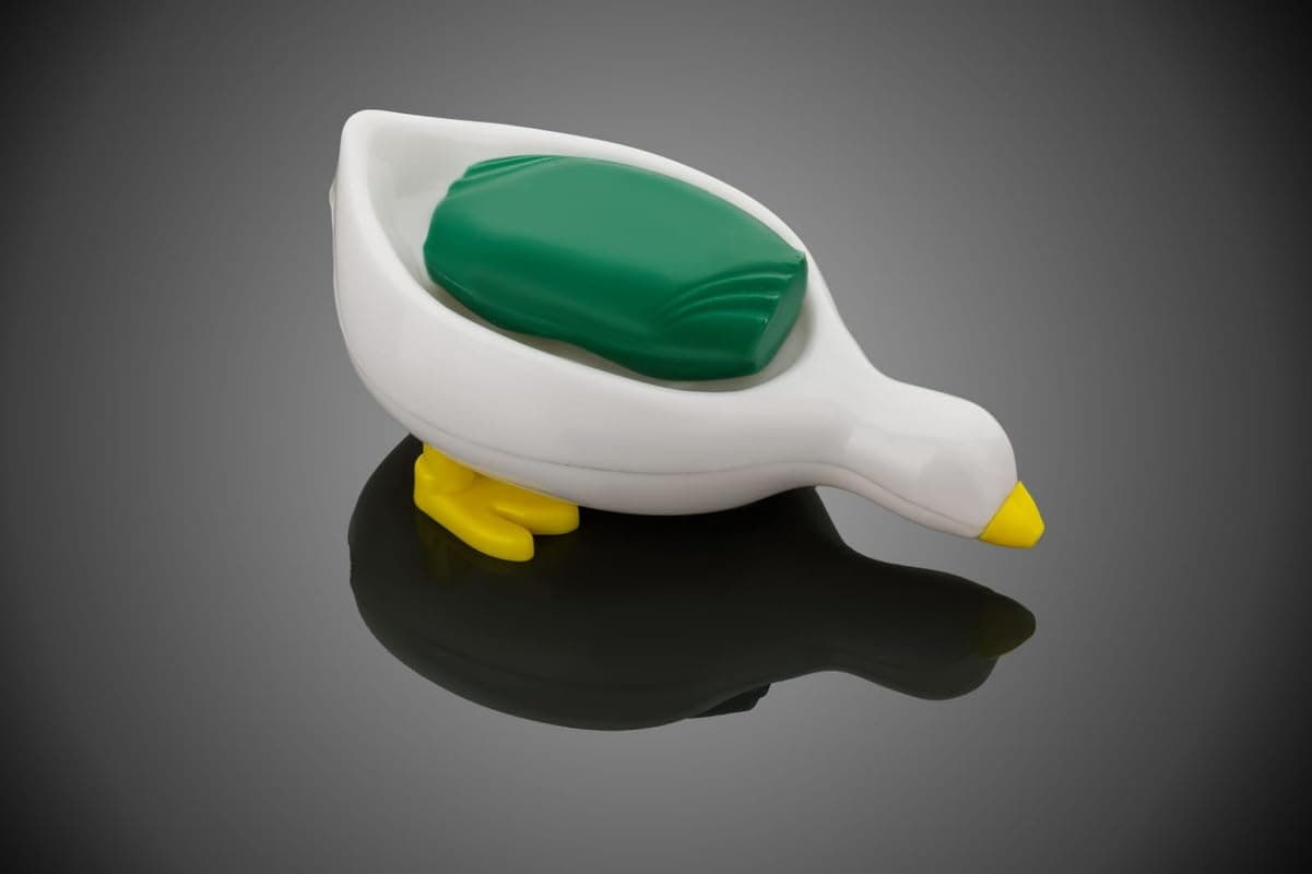 KWER Duck-Shape Self Draining Soap Dish Holder, Easy Clean Soap Dish for Shower with Suction Cup Creative soap Box, for Bathroom, Kitchen, Bathtub, Wash basins (White,Plastic, Pack of 1)