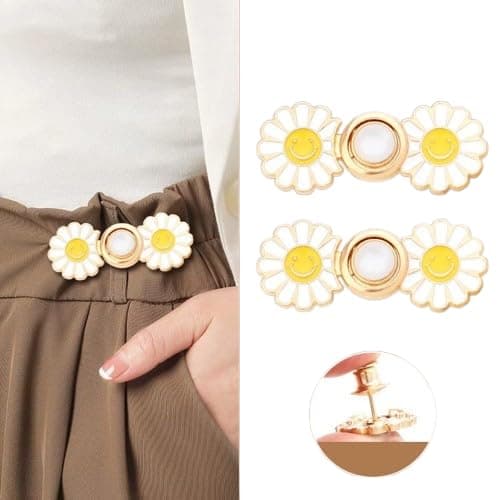 LUVINA Adjustable Jean Buttons, 2 Sets Jean Button Pins, Adjustable Waist Button Extender for Jeans, Waist Tightener Instant Clips for Loose Jeans Skirts (White Flower)