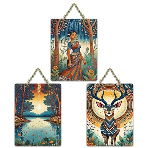 Artvibes Sacred River Divine Girl & Deer Aesthetic Wooden Wall Hanger for Home Decor | Art For Wall | Door Decoration Items | Graphic Artwork | Aesthetic Wooden Decor | Gift Items (WH_9691N), Set of 3