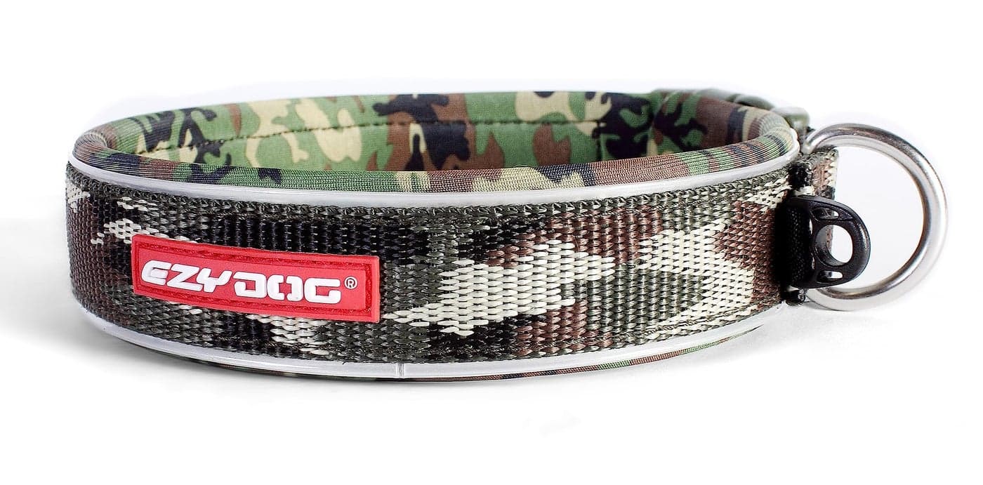 EzyDog Neo Waterproof Dog Collar - Reflective Trim for Nighttime Safety - Adjustable Neoprene Collar with Padding for Superior Comfort - Quick Release Buckle and Built-in ID Clip (Small, Green Camo)