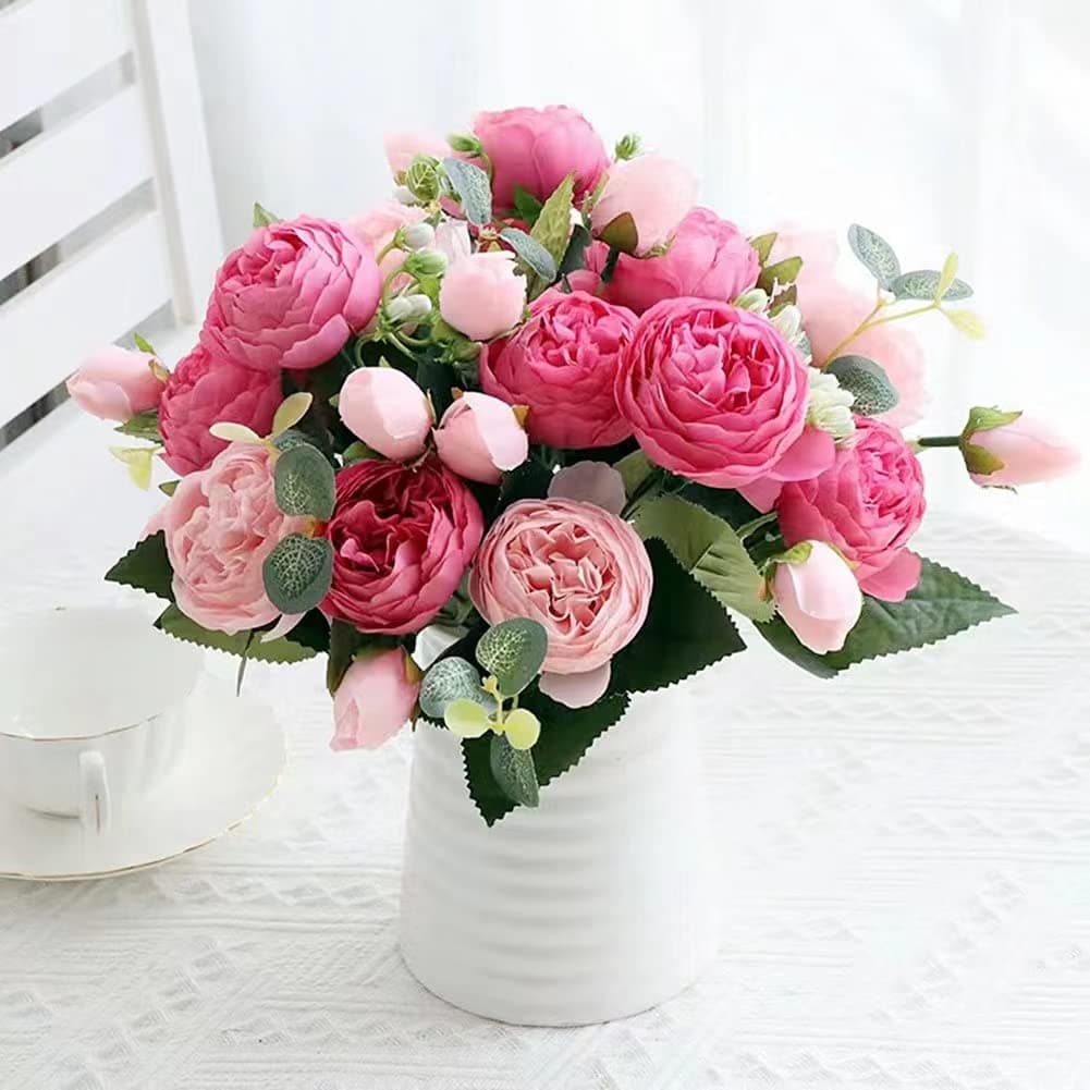 HoYuanFlo Artificial Peony Flowers Silk Peony Rose Real Touch Fake Flowers 3pcs Single Stem with 5 Heads Bouquet for Home Wedding Party Decoration Pink