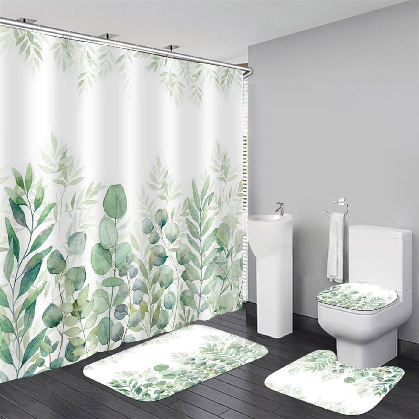 DDQQ Green Leaves Shower Curtain Sets with NonSlip Rug Toilet Lid Cover and Bath Mat Plant Leaves Shower Curtain Sets with 12 Hooks Shower Curtain for Bathroom Set Decor