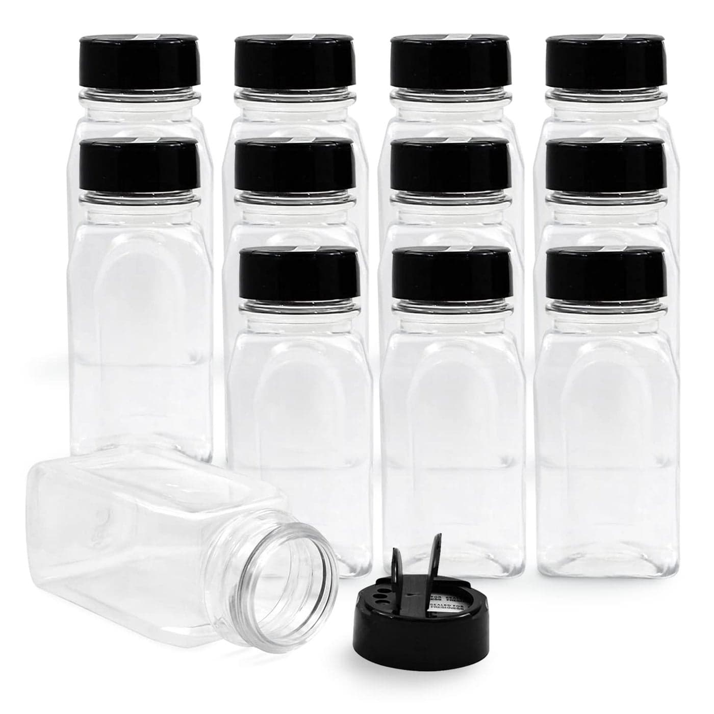 RoyalHouse 6 Pack 95 Oz Plastic Spice Jars with Black Cap Clear and Safe Plastic Bottle Containers with Shaker Lids for Storing Spice Herbs and Seasoning Powders BPA Free Made in USA