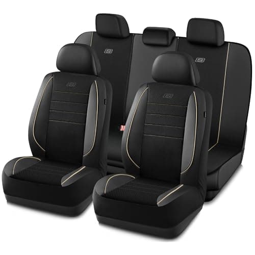 Skechers Air-Cooled Memory Foam Seat Cover, Mesh Thick Car Seat Covers,Piping Leather Car Seat Cover Full Sets,Airbag Compatible,Automotive Comfort Universal Fit Most Cars,Vans,Trucks,SUV,Beige