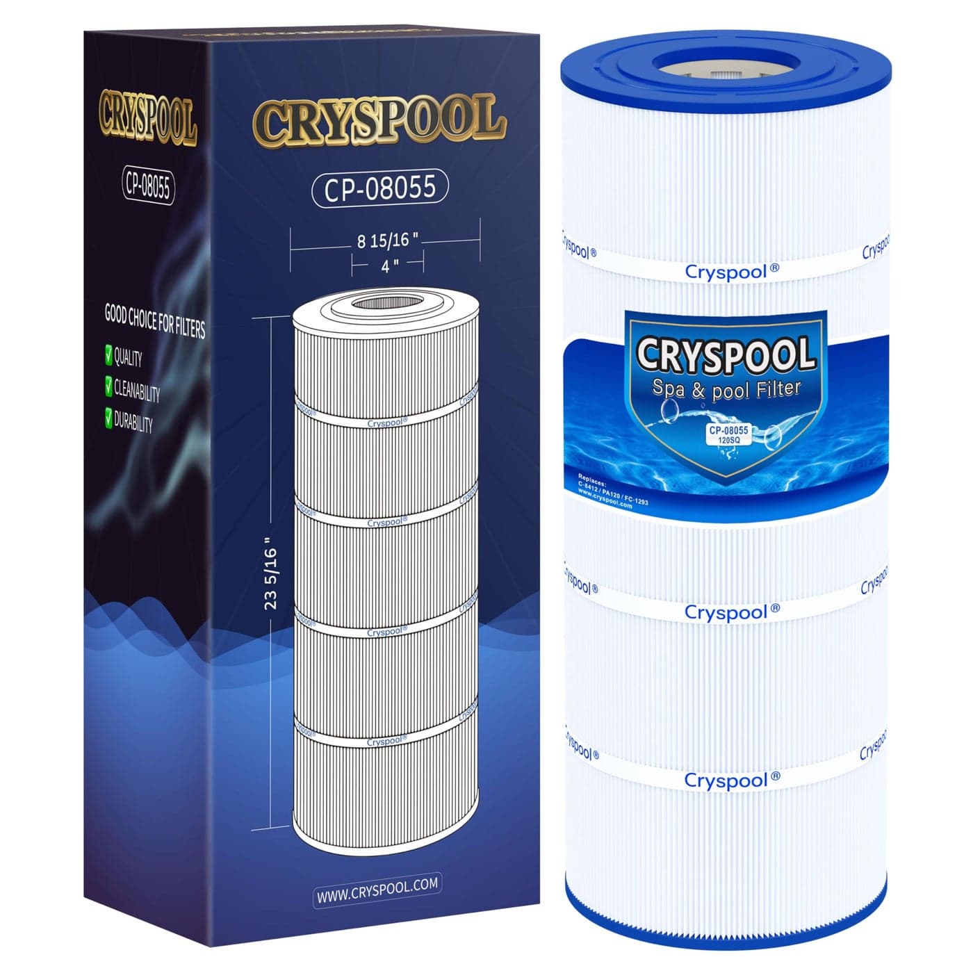Cryspool 08055 Filter Compatible with Hayward C1200 CX1200RE PA120 C8412 UltraB2 FC1293 Clearwater II 125 8170125N 120 Sq Ft Pool Filter Cartridge 1 Pack