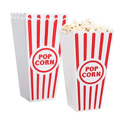 Novelty Place Plastic Red & White Striped Classic Popcorn Containers for Movie Night - 7.8" Tall x 3.8" Square (16 Pack)