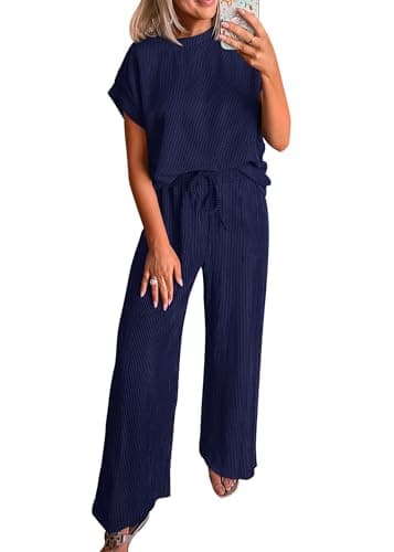 KIRUNDO 2 Piece Sets for Women Dressy Casual Ribbed Knit Short Sleeve Tops Wide Leg Pants Lounge Set Travel Airport Outfits(Navy, X-Large)