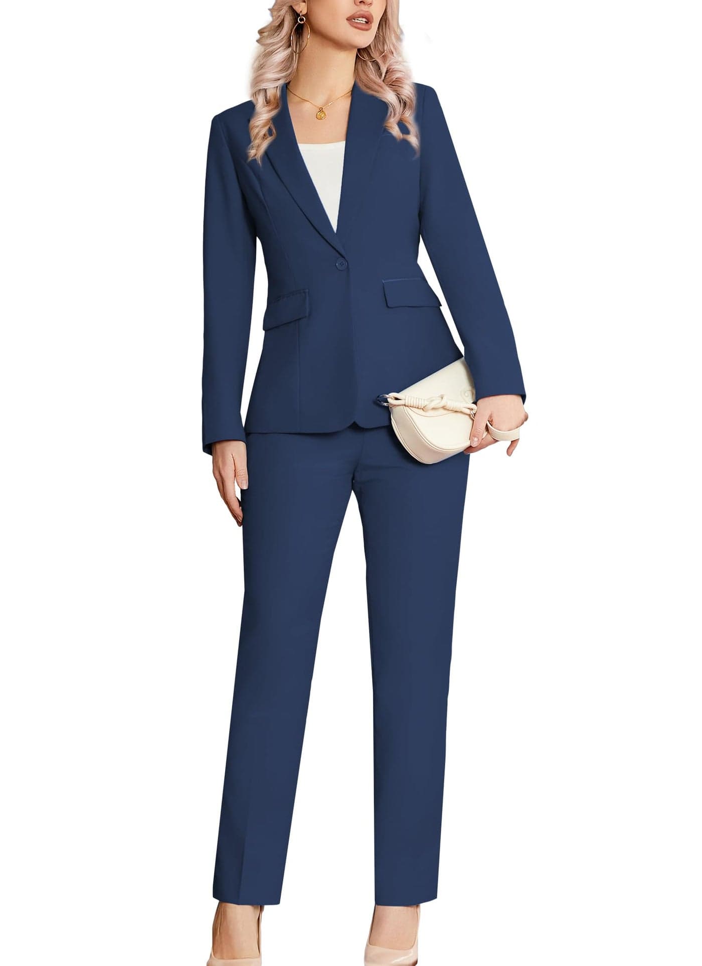 Kelyaa Womens 2 Piece Suit Notched Lapel One Button Slim Fit Business Office Work Tuxedo Blazer Pants Set Navy Blue