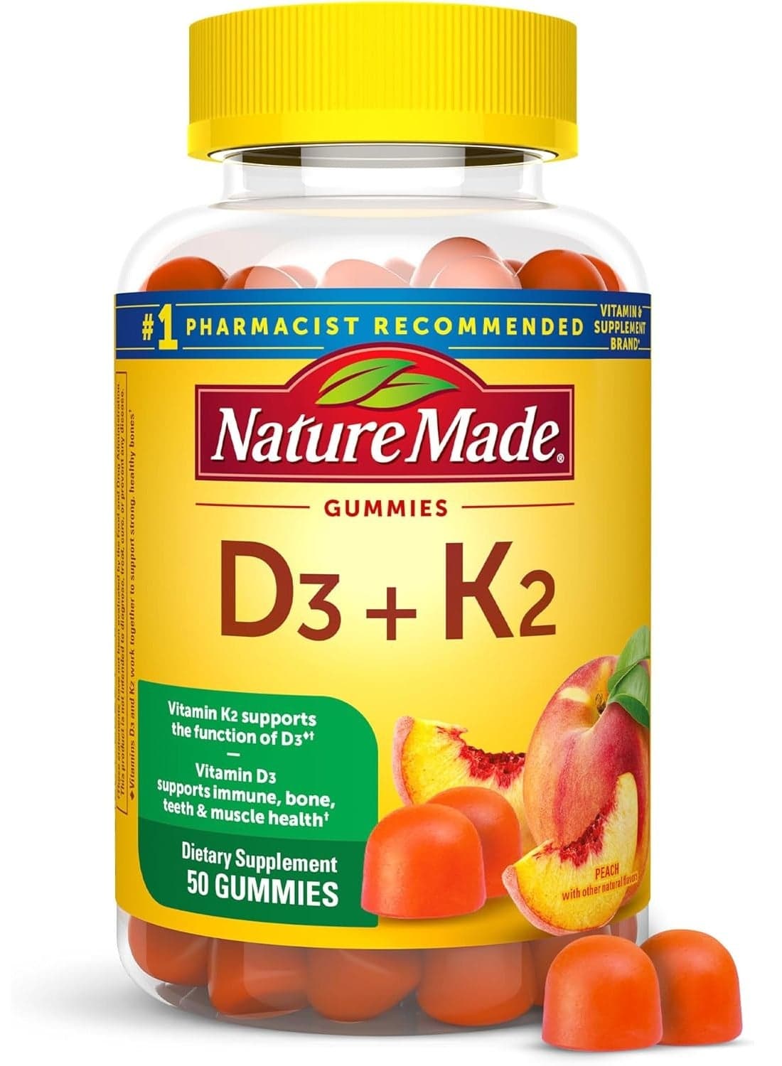 Vitamin D3+K2, Supports Immune, Bone, Teeth & Muscle Health, 50 Gummies