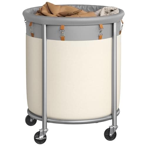 SONGMICS 50.2-Gallon (190 L) Laundry Basket with Wheels, Rolling Round Heavy-Duty Laundry Hamper Cart with Steel Frame and Removable Bag, 2 Locking Wheels, Dove Gray and Cream White URLS001GD02
