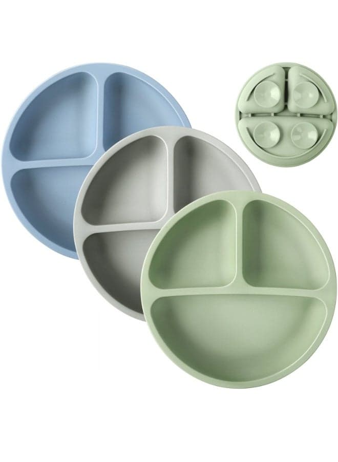 Toddler Plates Set of 3 - Baby Suction Cup - 100% Silicone Baby Plates - BPA Free - Microwave and Dishwasher - Divided Design - Blue, Green & Gray