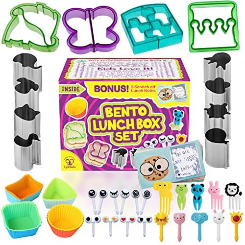 Complete Bento Lunch Box Supplies and Accessories For Kids - Sandwich Cutter and Bread Crust Shape Remover - Mini Vegetable Fruit Shapes cookie cutters - Silicone Cup Dividers - FREE Food Pick forks