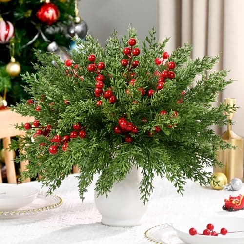 Waipfaru 45 Pcs Christmas Artificial Pine Branches 129 Faux Evergreen Norfolk Pine with Red Berry Stems Greenery Fake Pine Needles Picks Flowers for Xmas Vase Table DIY Craft Home Decorations