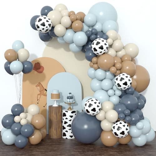 Amandir 153pcs Cowboy Balloon Arch Garland Kit Different Sizes 18 12 10 5inch Dusty Blue Brown Sand White Cow Print Balloons for Cowboy Shower Rodeo Farm Western Theme Birthday Party Decoration