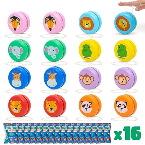 BONNYCO Yo Yo for Kids Pack 16 Jungle Animals Kids Party Favors. Wooden Yoyo Bulk, Safari Goodie Bags Stuffers 3-5 4-8. Goody Bag Stuffers Pinata, Return Gifts for Birthday Party. Classroom Prizes