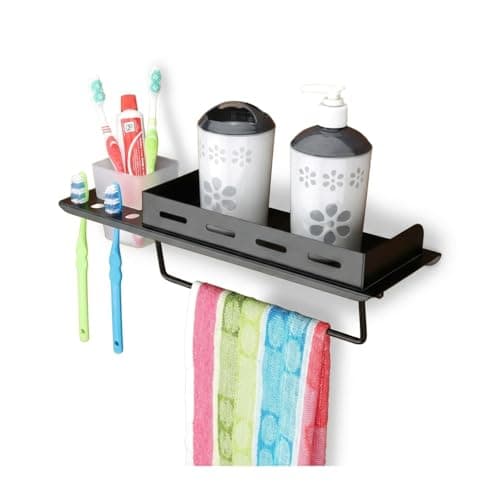 SmartSlide Alloy Steel 3 in 1 Multipurpose Bathroom Shelf/Towel Bar/Towel Hanger/Tumbler Holder/Bathroom Stand/Towel Rod/Bathroom Accessories (15 x 5 Inches) (Black)