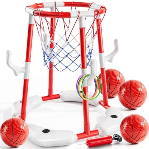 NIPLOOOW Pool Basketball Hoop 2in1 Floating Pool Toys Ring Game with 4 Balls and Pump Outdoor Swimming Pool Basketball Games Water Play Toy Family Party for Kids Adults Age 312 Red
