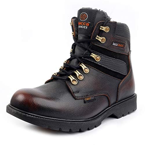 Bacca Bucci® Mens 6 inches Premium Steel Toe Cap Real Grain Leather Outdoor Laceup Boots with Fur/Warranted Qualtiy & Durable Boot- Brown, Size UK6