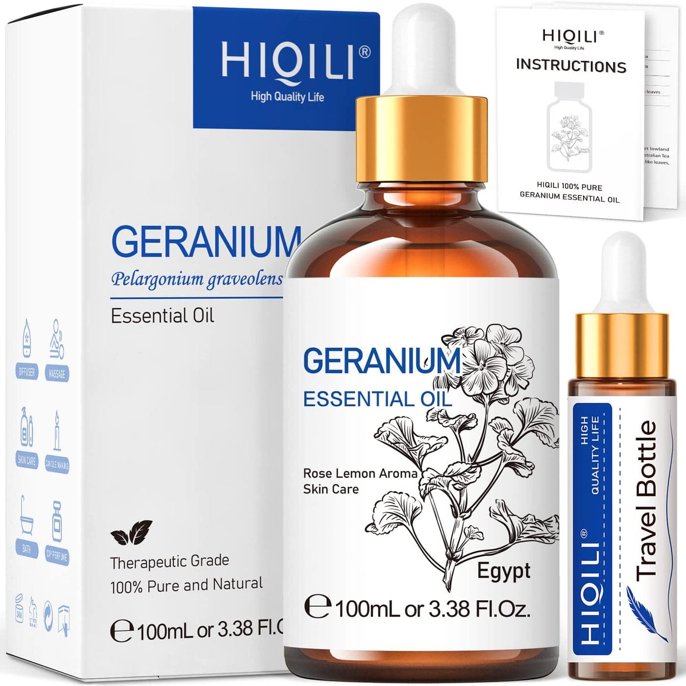 HIQILI 100ML Geranium Essential Oil for Skin, Diffuser & Candle, 100% Pure and Natural - 3.38 Fl. Oz