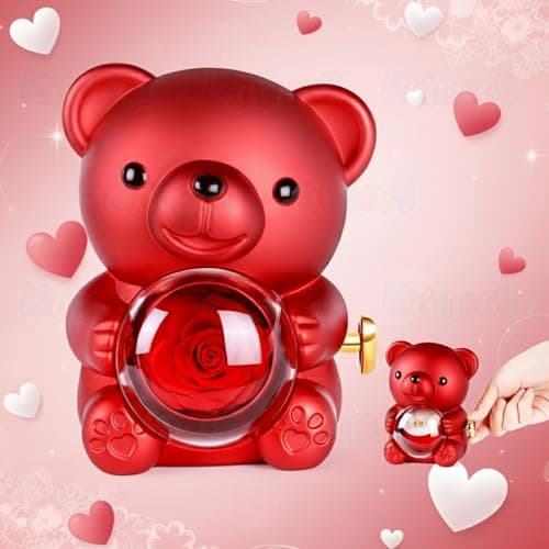 Kidology Teddy Bear with Preserved Rose | Forever Flower Bear with Hidden Jewellery Box | Elegant Gift Box for Women, Romantic Gift for Valentine’s Day (Without Necklace) (Red)