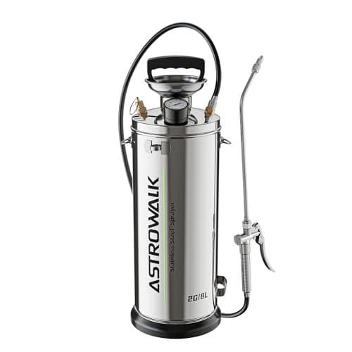 ASTRWK 2 Gallon Stainless Steel Pump Sprayer, Heavy Duty Lawn & Garden Sprayer with 20" Wand & 4FT Hose for Weed Killer, Fertilizer & Pest Control, Durable Pressure Sprayer with Viton Seals