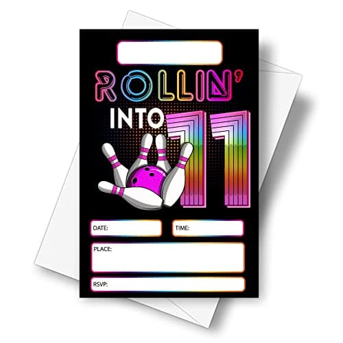 DETIHO 4" x 6" Bowling 11th Birthday Party Invitation Cards With Envelopes - Rolling Into 11 - Retro Bowling Party Invitation - 20 Sets - E63