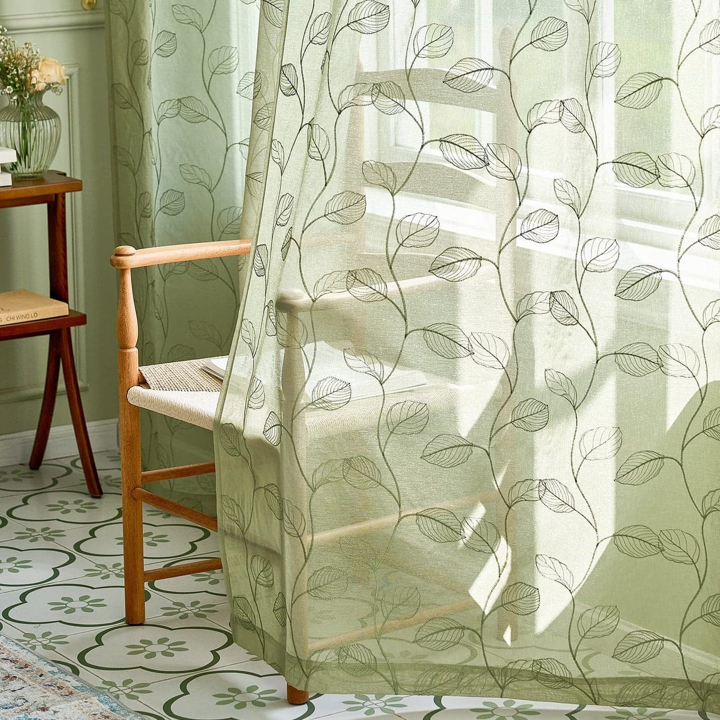 Lazzzy Sage Sheer Curtains Leaf Embroidered 54 Inchfor Living Room Bedroom Rod Pocket Kitchen Curtains Voile Window Drapes 2 Panels