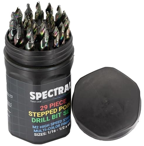 Spectral 29 Piece Stepped Point HSS Drill Bit Set 116 12 Round Case 135 Step Point Split Point Tip M2 Steel 3Flat Shank MultiColor Finish