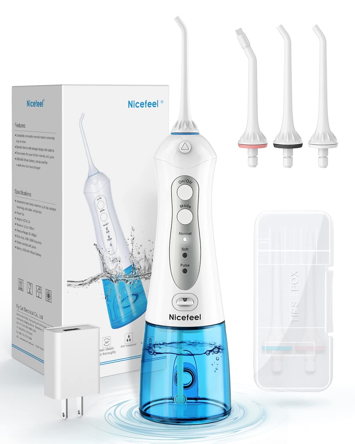 Nicefeel Cordless and Rechargeable Water Flosser - 300ML Water Tank Oral Irrigator, 4 Jet Tips, 3 Pressure Modes - IPX7 Waterproof and Travel Friendly for Dental Care Black