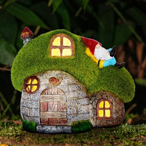 ILLUMINEW House Garden Statues with Solar Lights LED Cute Flocked Fairy House with Gnomes Garden Figurine Outdoor Patio Yard Lawn Decorations Gift