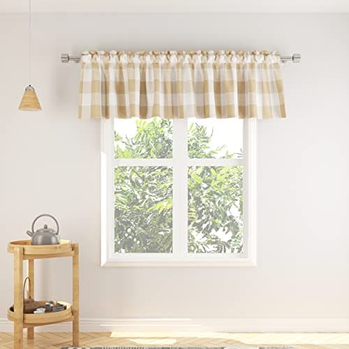 NATUS WEAVER 1 Piece Buffalo Check Window Curtain Valance 18 inches Long Living Room Bedroom Rod Pocket Classic Country Farmhouse Beige & White Beige Check Under Sunlight May Show Like Yellow
