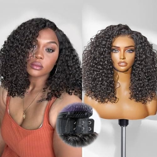 LUVME HAIR 100 Human Hair Wigs Curly Deep Wave Protective Wig Glueless Lace Front 16 Inches Pre Cut Plucked Hd Lace Short Wig Ready To Go Natural Color Straight Bleached Knots Side Part Black Wigs
