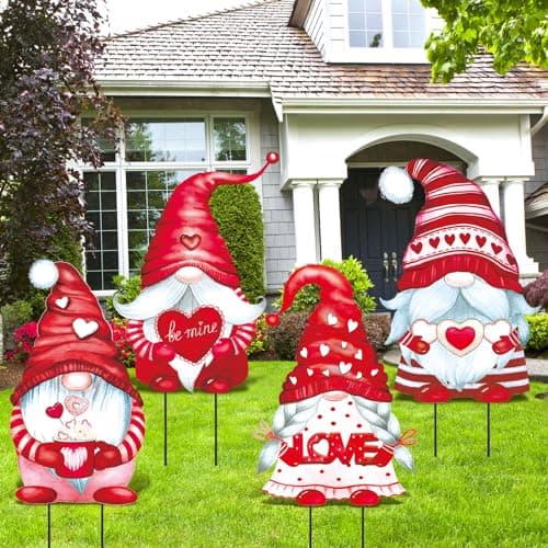Yaocom 4 Pcs Metal Valentine's Day Gnome Yard Sign with Stakes Love Heart Gnome Outdoor Decorations Valentine Yard Signs Lovestake for Outdoor Lawn Garden Wedding Decor