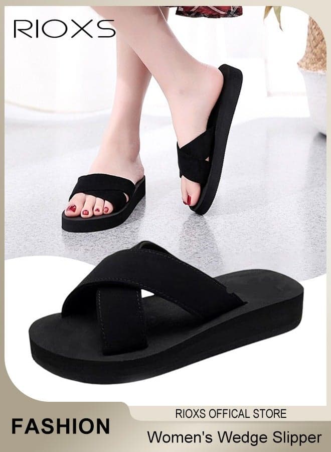 Women's Slipper, Fashion Wedge Slippers, Anti-slip Flat Sandals For Women Ladies Girls, Casual Slipper With Cross Strap For Beach Home Daily Wear