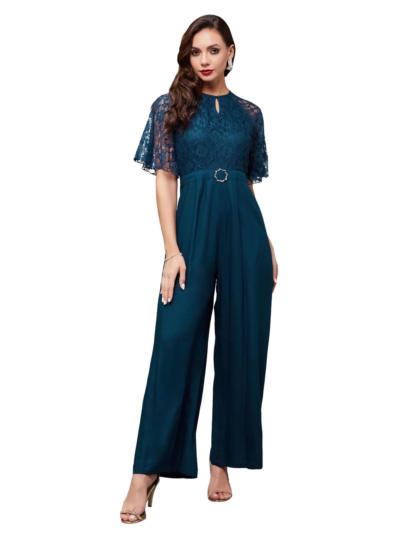 Miss Chase Women's Teal Round Neck Flared Sleeve Floral Raglan Regular Jumpsuit (MCSS25D93-85-83-06, Teal, XL)
