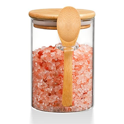 WHJY Glass Glass Jar with Lid and Spoon, Airtight Glass Jars bamboo lids, overnight oats jars, Dog Treat Jar for Pet, Glass Candy Cookies Coffee Canister Jar Bath Salt Container - 20 oz (1)