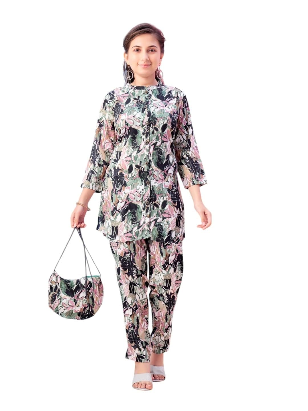 Aarika Girls Casual Wear Green Colour Abstract Print Polyester Co-ord Set-8-15 Years (KP-TR-K-969)