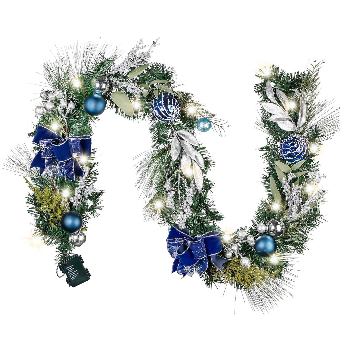 Valery Madelyn 6 feet PreLit Christmas Garland with Lights for Mantle Lighted Battery Operated Xmas Garland with Silver Blue Balls Ribbons for Front Door Fireplace Table Centerpiece Outdoor Decor