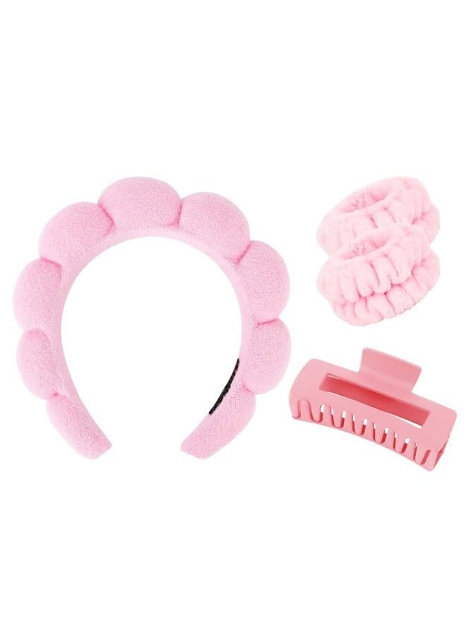 Spa Headband Set - Skincare Headband, Hair Clips, Pink Puffy Makeup Headband, Scrunchies, and Wrist Towels For Women and Girls