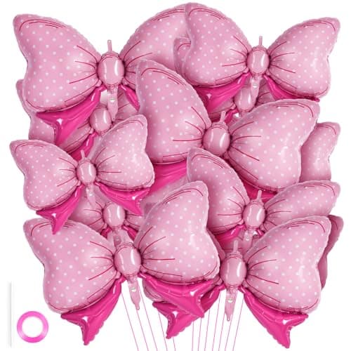 12 Pcs Pink Bow Balloons for Girls Giant Foil Balloons Gender Reveal Decorations for Birthday Party Wedding Baby Shower Mouse Party Decoration