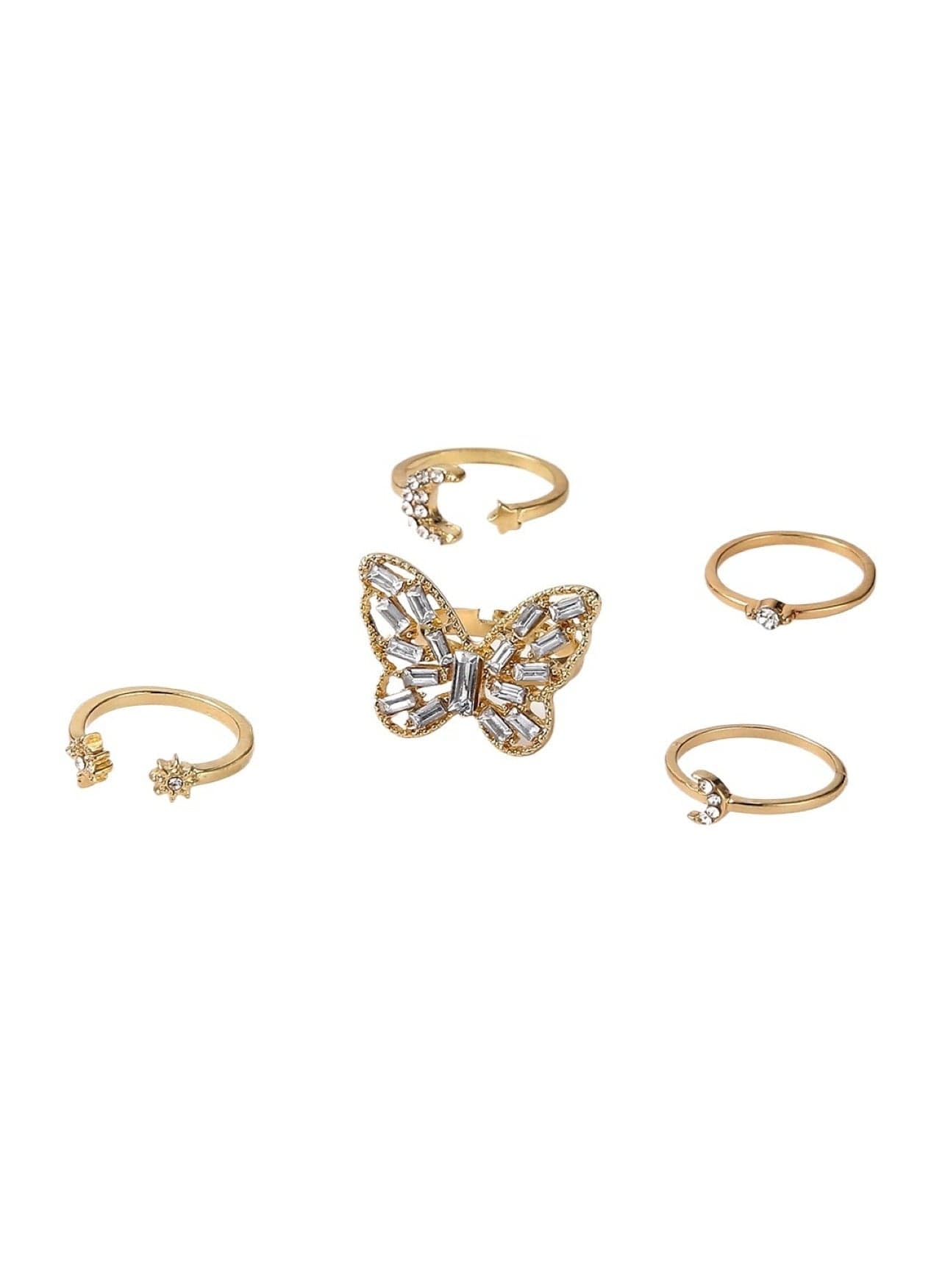 Gold Colour Plated Butterfly & Moon Crystal Ring Set 5 Pcs