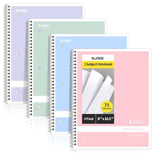 SUNEE Spiral Notebooks Wide Ruled, 1-Subject, 4 Pack, 8 x 10-1/2 in, 70 Sheets, 3-Hole Punched Paper, Pastel Pink, Purple, Blue, Green for School, Home & Office, Writing Journal