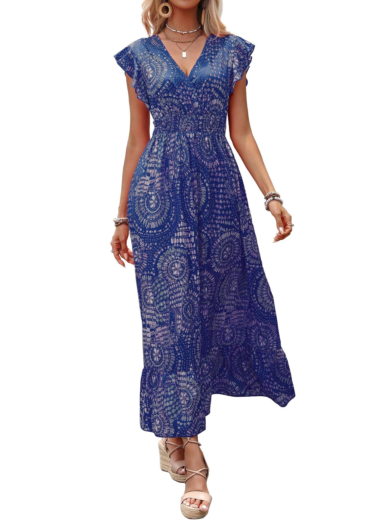 Shasmi Women's & Girl's Boho Royal Blue V-Neck Printed Dress with Ruffled Hem and Belted Waist for Vacation, One Piece Maxi for Women's Casual Dresses (140 Dress Boho Royal Blue-M)