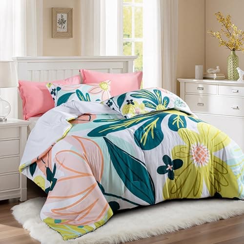 Tyrot Boho Floral Queen Comforter Set - 3 Piece Farmhouse Botanical Bedding Comforter Sets for All Season Soft Lightweight Mid Century Bed Set, (1 Reversible Comforter and 2 Pillow Shams