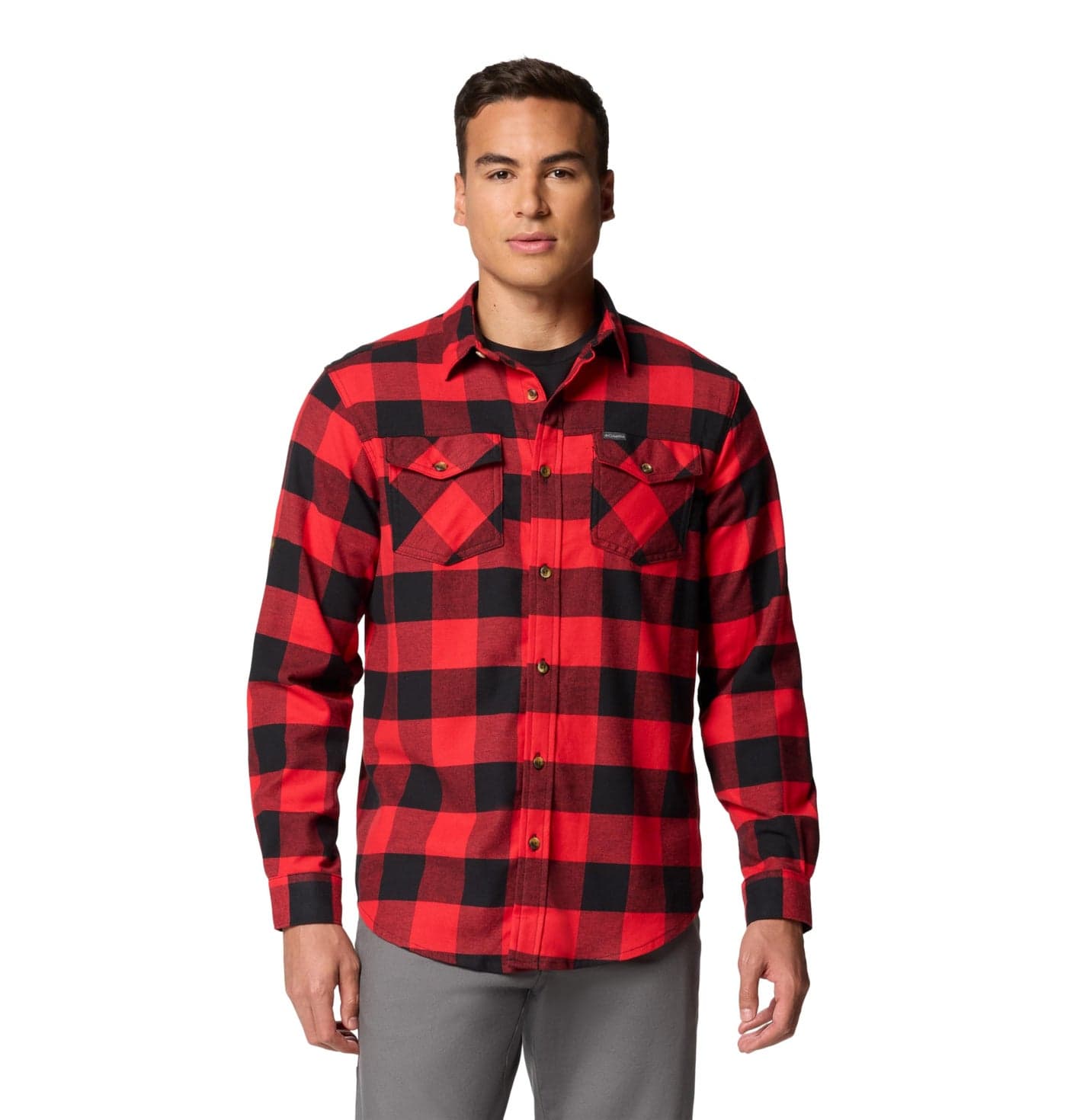 Columbia Men's Bearmouth Springs Roll Up Long Sleeve Flannel Shirt, Red Lily Buffalo Check, Large