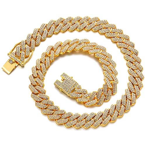 JUNVirtuous Cuban Link Chain Mens Iced Out Miami Cuban Necklace Silver/Gold Bling Diamond Hip Hop Jewelry for Women