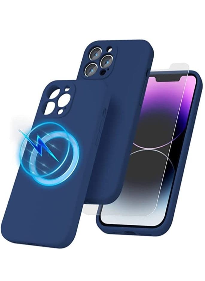 iPhone 14 Pro + 2 Pack Tempered Glass Screen Protector Magsafe Case Silicone Phone Case with Microfiber Lining for iPhone 14 Pro 6.1 inch 2022,Blue