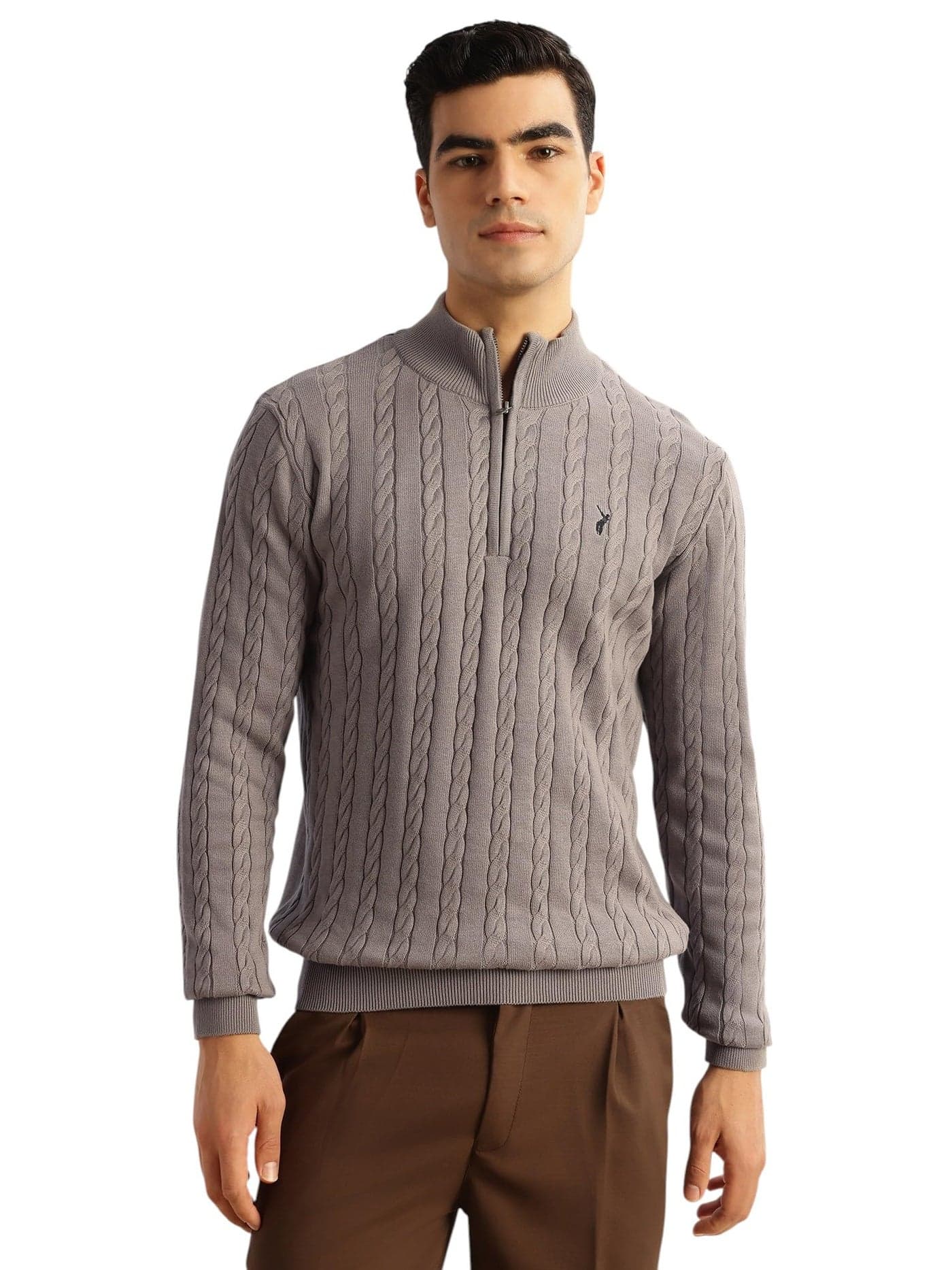 Thomas Scott Men's | Regular Fit | Long Sleeves | Mock Collar | 100% Cotton | Dry Clean | Cable Knit | Knitted | Pullover Sweater (TSFK27_Grey_M)