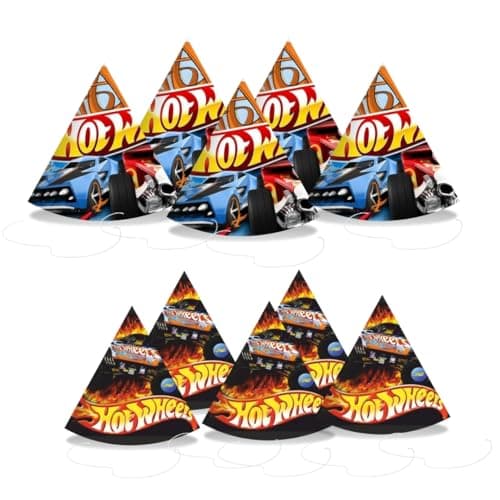 PRETTY UR PARTY Fast Wheels Theme Birthday Party Caps – Pack of 10 Colorful Race Car Party Hats for Kids | Fun & Durable Cone Hats for Boys' Birthday Celebrations