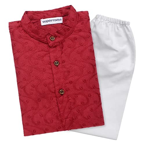 superminis Baby Boys Ethnic Wear Colored Cotton Chikankari Kurta Set, Round Collar, Full Sleeves With White Pyjama (Maroon, 3-4 Years)